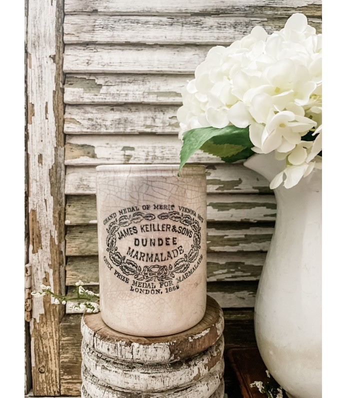 Antique English- James Keiller Dundee Marmalade 2# thin Ironstone crock - Stained/Crazed 